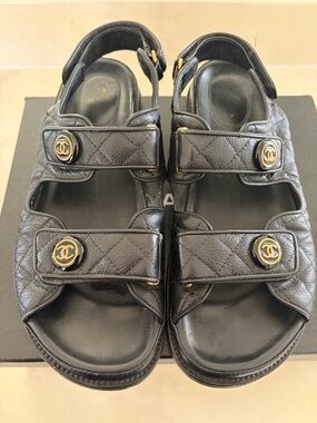 CHANEL Caviar Dad Sandals Black Quilted Leather CC Button Sandals size 42